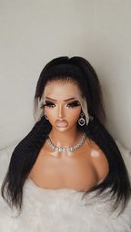 Natural Black Kinky Straight Wig, 13x4 Lace Frontal, 14-22 inch Yaki texture, realistic blowout look, 100% human hair, full and thick volume.