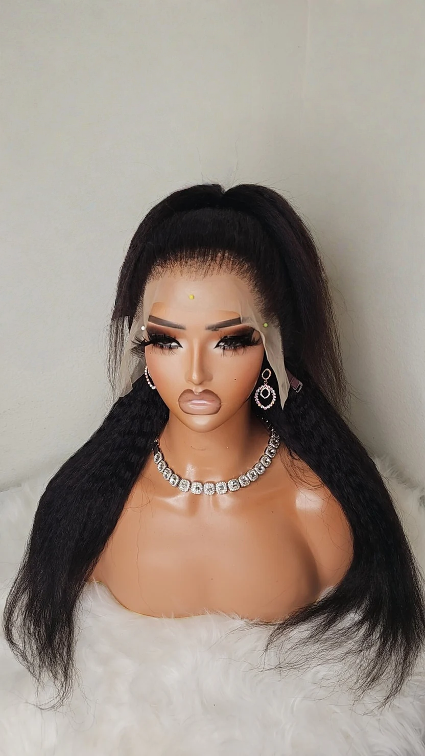 Natural Black Kinky Straight Wig, 13x4 Lace Frontal, 14-22 inch Yaki texture, realistic blowout look, 100% human hair, full and thick volume.
