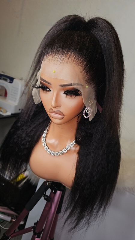 14-22 inch Kinky Straight human hair wig, tangle-free and soft sheen, heat-friendly styling, mimics natural hair texture, yaki straight style.
