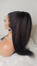 Side view of Kinky Straight Lace Wig, ear-to-ear lace coverage, glueless install, breathable wig cap, 14-22 inch, natural profile and body.