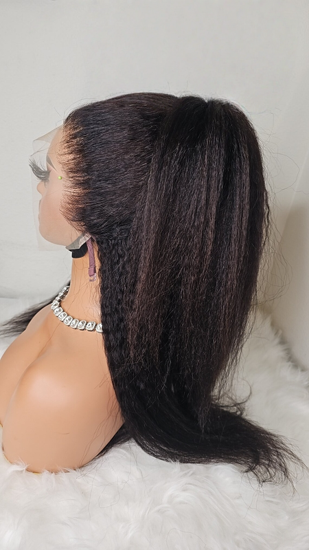 Side view of Kinky Straight Lace Wig, ear-to-ear lace coverage, glueless install, breathable wig cap, 14-22 inch, natural profile and body.