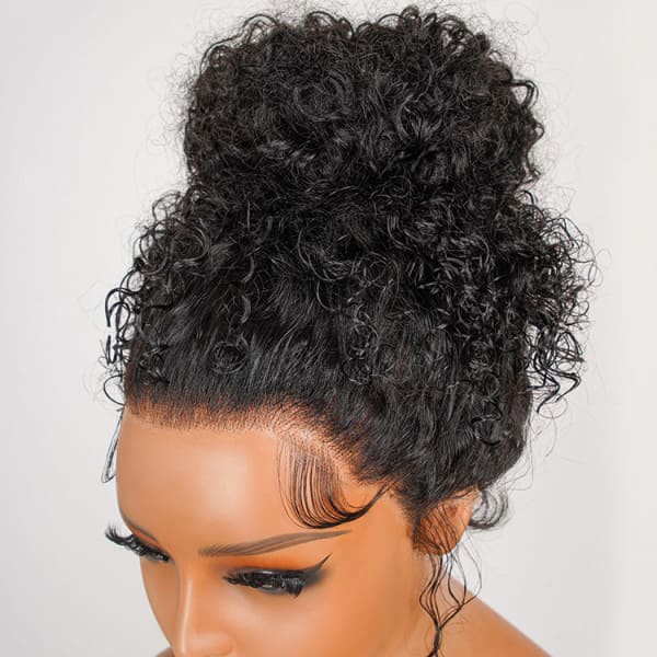 Close-up of ARIA 360 Lace hairline, pre-plucked with baby hair, 14-24 inch curly wig, invisible HD lace melt, realistic scalp appearance for a natural look.