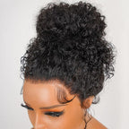 Close-up of ARIA 360 Lace hairline, pre-plucked with baby hair, 14-24 inch curly wig, invisible HD lace melt, realistic scalp appearance for a natural look.