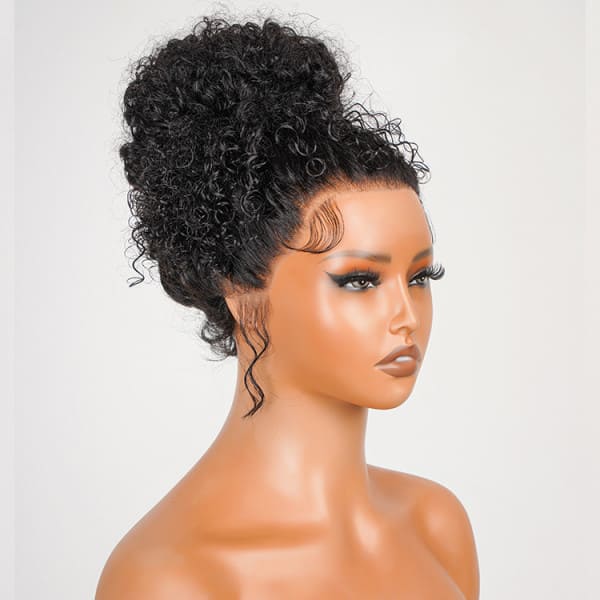 360 Lace Frontal, 14-24 inch, seamless side profile, glueless secure fit, breathable mesh cap, natural black curly texture.