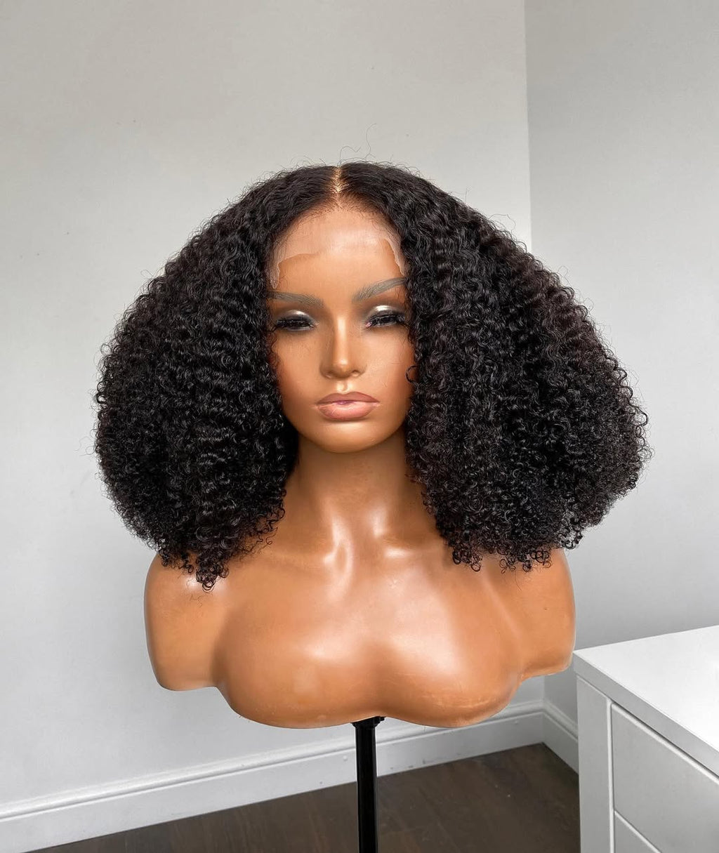 Natural Black Kinky Curly Wig on mannequin, 14-22", 13x4 Lace, Human Hair, Full Volume Curls, Trendy and Chic