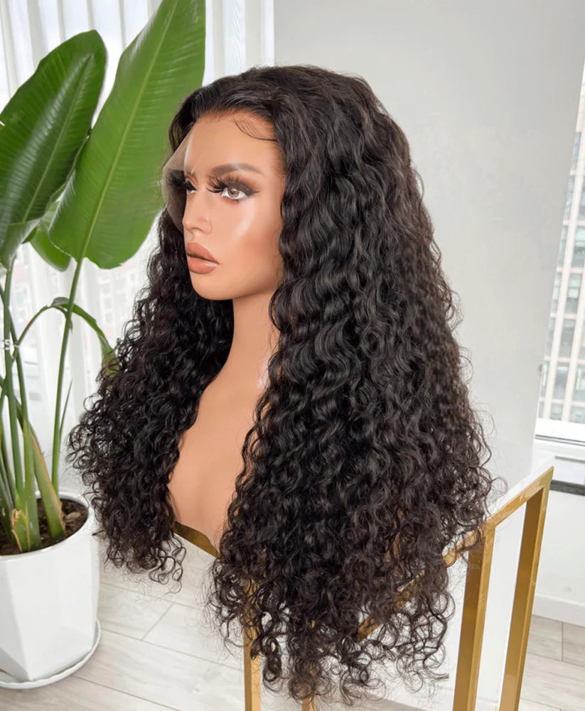 Side view of 18-24 inch Water Wave Wig, 13x4 lace frontal, natural black deep waves, soft and voluminous texture, ready-to-wear style.