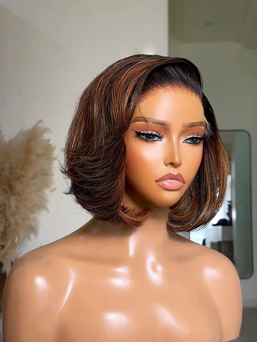 PIPER Straight Bob Wig, 13x4 Lace Frontal, 10-14 inch, Natural Black with Ginger Highlights, silky human hair, trendy face-framing streaks.