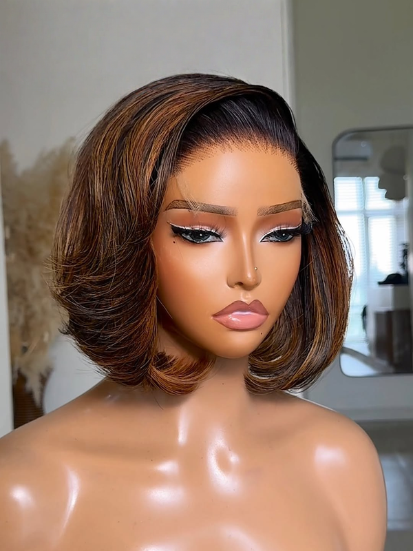 Ginger Highlight Bob, 13x4 lace area, 10-14 inch, seamless hairline melt, vibrant ginger streaks on natural black straight hair.