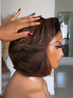 Straight Bob, 13x4 Lace Frontal, 10-14 inch, natural black and ginger highlight mix, breathable wig cap, sleek blunt cut.