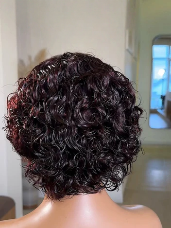 Back view of Raven Short Curly Wig, Burgundy color, 10-12 inch, neatly layered curls, full and voluminous back profile, 13x4 frontal lace construction