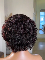 Back view of Raven Short Curly Wig, Burgundy color, 10-12 inch, neatly layered curls, full and voluminous back profile, 13x4 frontal lace construction