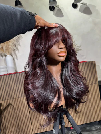 13x6 lace frontal wig burgundy curtain bangs close-up pre-plucked hairline soft silky natural look hand-tied