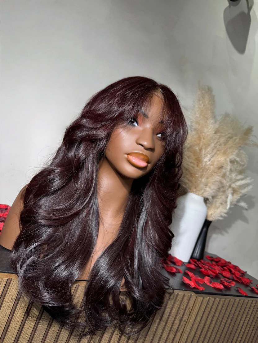13x6 lace frontal wig burgundy curtain bangs front view natural hairline smooth silky hand-tied easy to wear