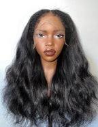 Natural Black Raw Wavy Wig, 13x6 HD Lace Frontal, 18-24 inch, authentic raw wavy texture, full and bouncy natural waves, glueless human hair.