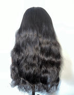 Back view of Natural Black Raw Wavy Human Hair Wig, 13x6 HD Lace, 18-24 inch, defined natural wave pattern, thick and healthy ends, no tangle, no shedding.
