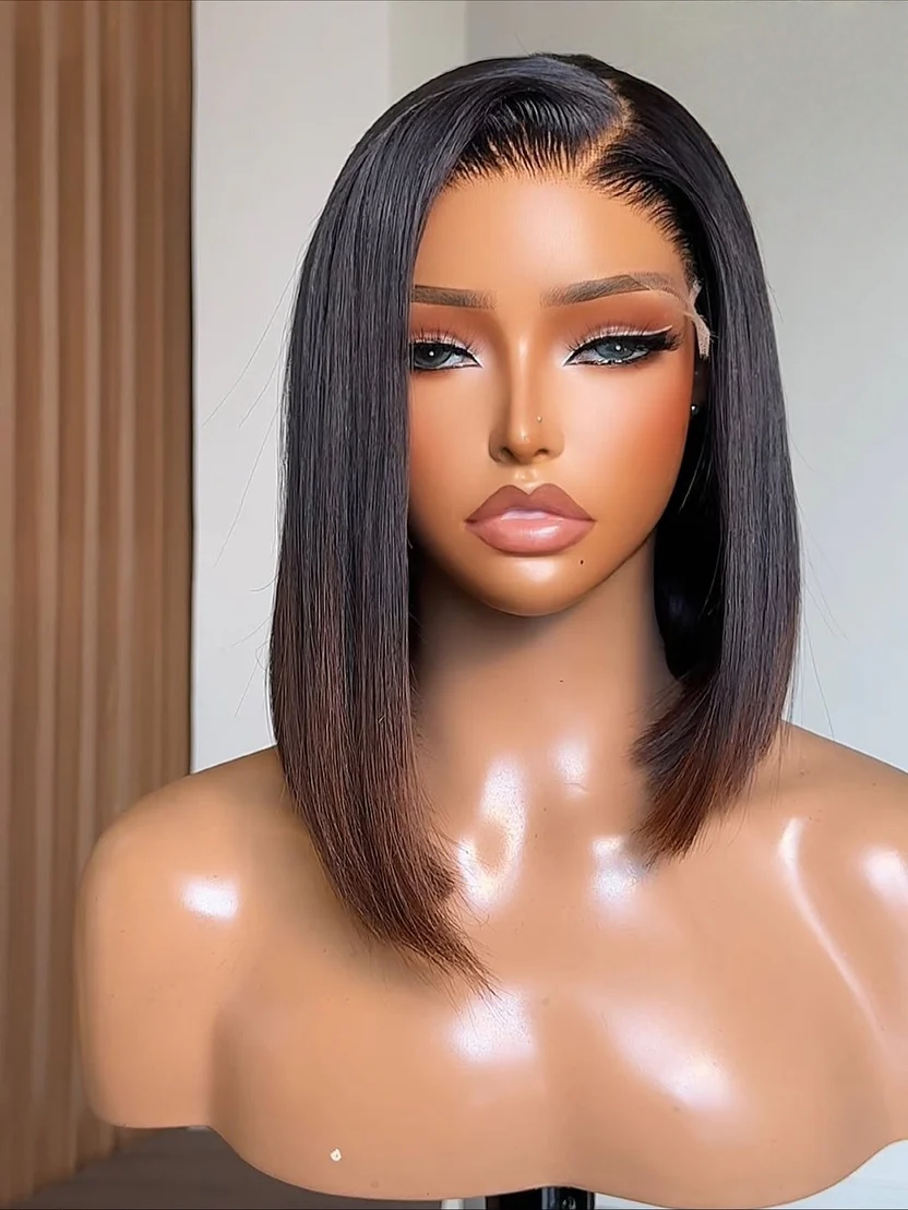 13x6 lace frontal wig coffee brown ombre straight bob front view natural hairline smooth silky hand-tied easy to wear
