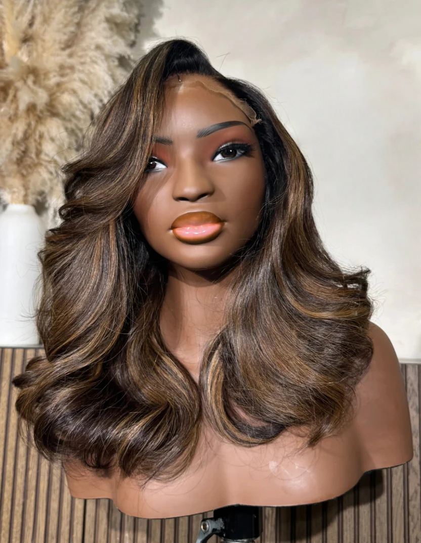 7x5 lace closure wig caramel brown body wave front view glueless beginner-friendly natural hairline soft loose waves 14-20 inch