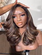 7x5 lace closure wig caramel brown body wave front close-up pre-plucked realistic part natural hairline soft loose waves 14-20 inch