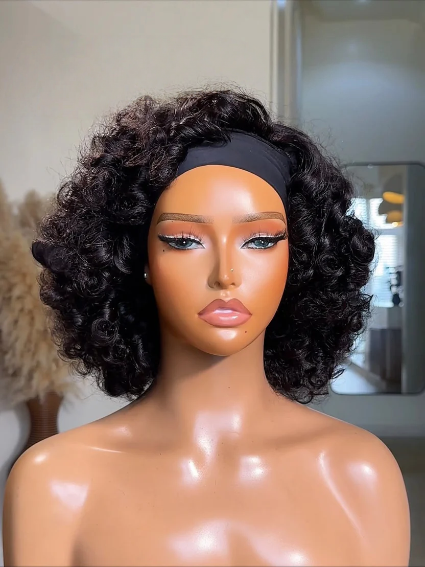 TIANA headband wig natural black deep wave curly front view soft natural hair easy to wear hand-tied