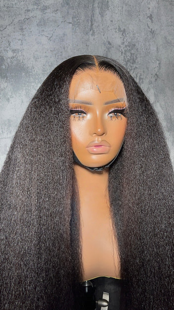 glueless wig natural black kinky straight front view beginner-friendly natural hairline soft sleek 18-30 inch