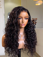Close-up front view of Nala Natural Black Water Wave Wig, 20-26", 360 Lace, Glueless, Human Hair, High Ponytail, Soft Waves, Stylish and Wear-and-Go