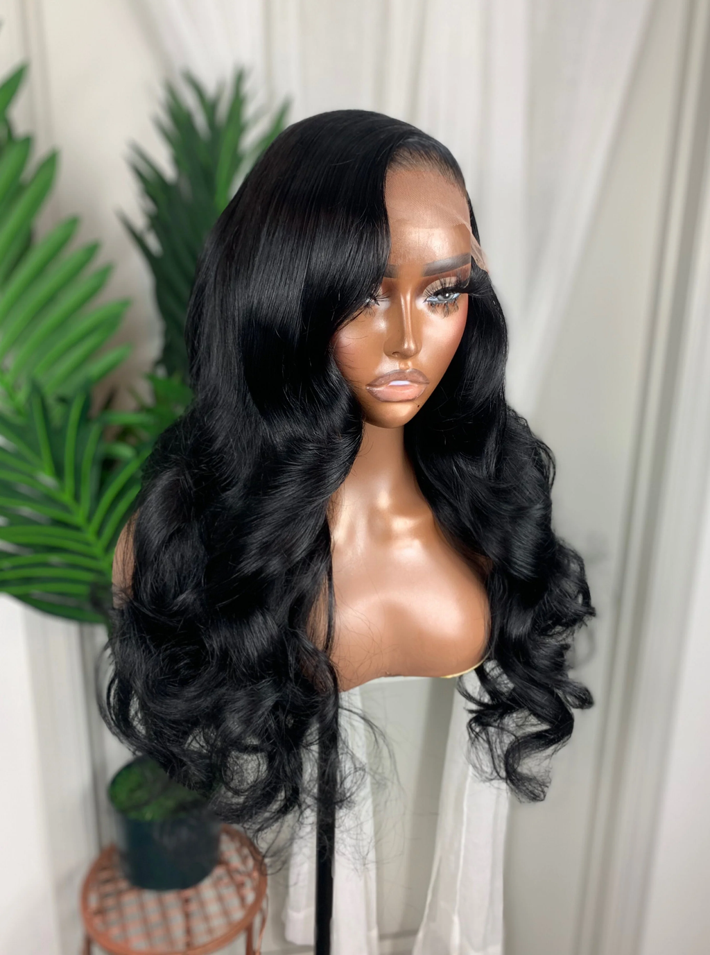 Close-up front of Natural Black Body Wave Wig on mannequin, 16-24", 13x4 Lace, Human Hair, Smooth Glossy Waves, Gorgeous