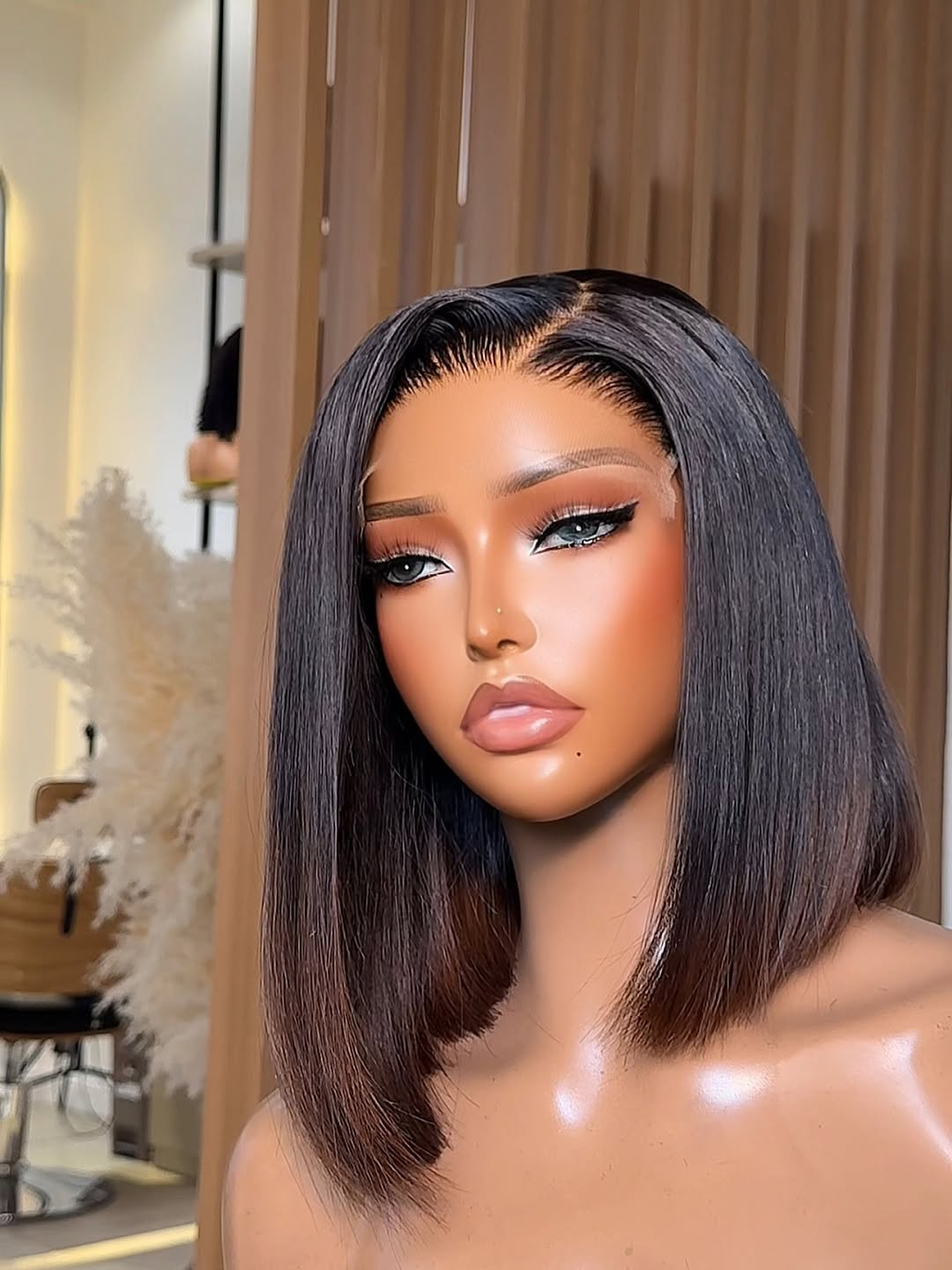 13x6 lace frontal wig coffee brown ombre straight bob side hairline close-up pre-plucked natural hairline hand-tied soft silky