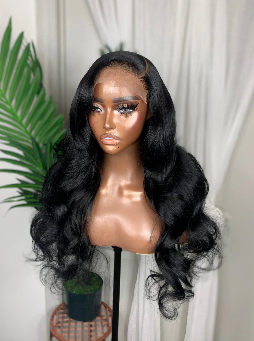 Side view of Natural Black Body Wave Wig on mannequin, 16-24", 13x4 Lace, Human Hair, Defined Waves, Trendy and Chic