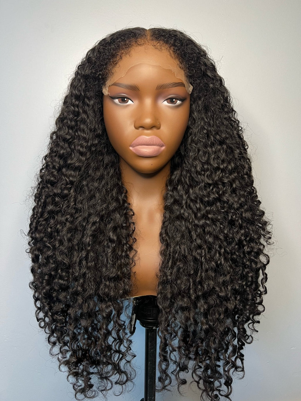 Front view of Burmese Coily Wig, Natural Black, 18-24", HD Lace Front, Hand-Tied, Human Hair, Wear-and-Go