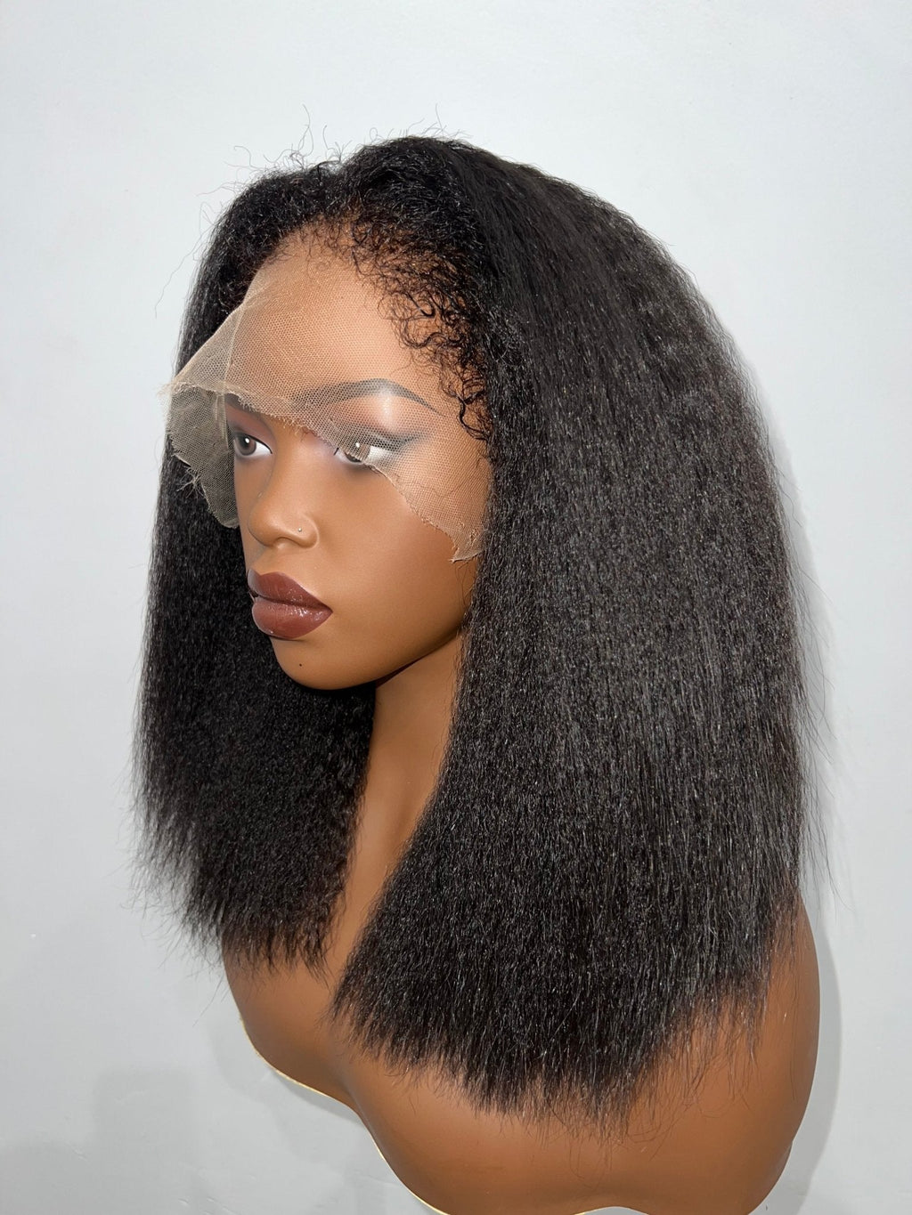 Side view (right) of 4A-4C Kinky Straight Wig with 4B Hairline, showcasing texture and natural fall of 16-22 inch hair with 13x4 lace frontal.