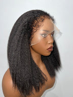 Side view (left) of 4A-4C Kinky Straight Wig with 4B Hairline, highlighting smooth 13x4 lace frontal and 16-22 inch length on mannequin.