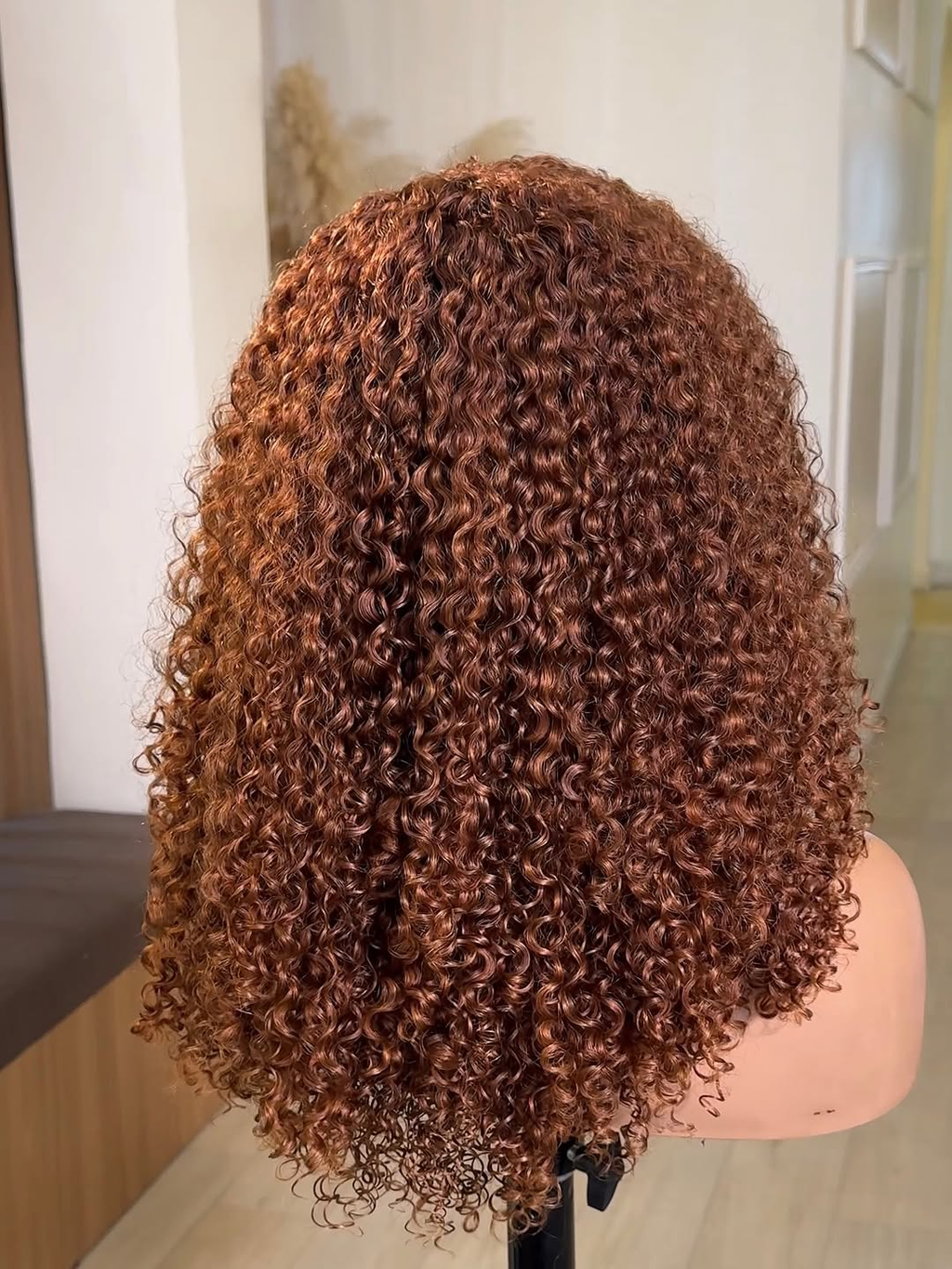 Back view of Hazel Coffee Brown Kinky Curly Wig with Bangs, 16-22", Human Hair, Glueless, Fashionable, Wear-and-Go