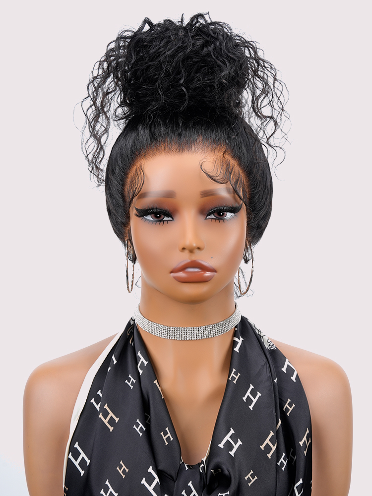 Close-up of 360 Lace Frontal hairline, Natural Black Water Wave Wig, 24-26 inch, pre-plucked natural hairline with baby hair, invisible HD lace for a seamless glueless melt.