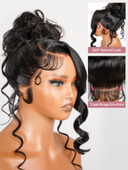 Side view of Natural Black Body Wave Wig in High Ponytail, 20-26", 360 Lace Frontal, Glueless, Human Hair, Soft Wavy Texture, Adjustable Fit, Stylish and Wear-and-Go