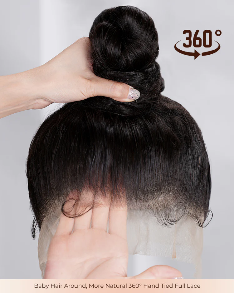 Back close-up of Natural Black Body Wave Wig, 360 Lace Frontal, High Ponytail, Glueless, Human Hair, Baby Hair Detail, Full Lace Cap, Soft Flowing Waves, Gorgeous