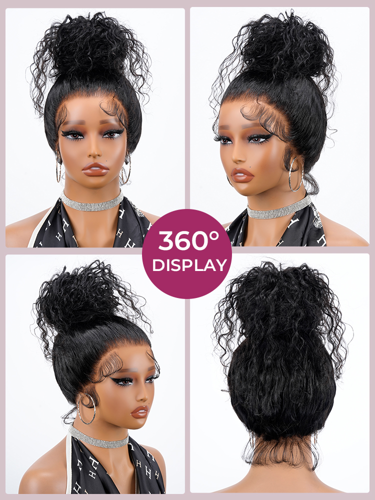 360-degree collage of High Bun styling, Natural Black Water Wave Wig, 360 Lace Frontal allowing for high ponytails and updos, glueless secure fit, 20-26 inch human hair.