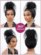 360-degree collage of High Bun styling, Natural Black Water Wave Wig, 360 Lace Frontal allowing for high ponytails and updos, glueless secure fit, 20-26 inch human hair.