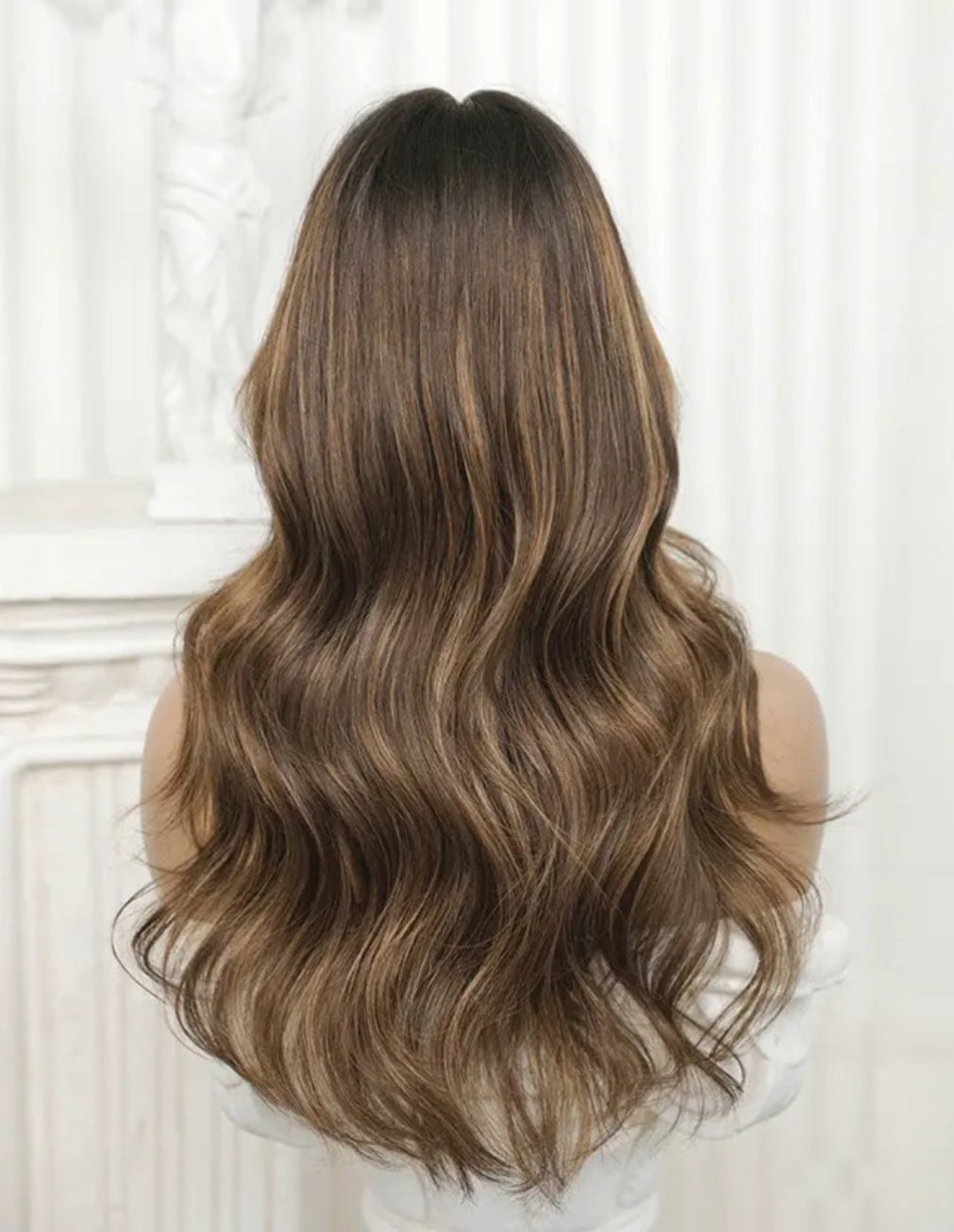 Back view of ELENA Brown Highlights Wavy Wig, 14-22", 7x5 Lace, Human Hair, Fashionable, Soft Wavy Hair
