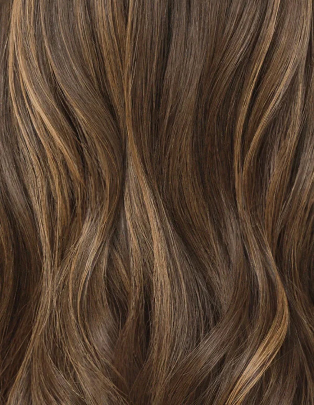 Close-up of ELENA Brown Highlights Wavy Wig hair strands, 14-22", 7x5 Lace, Human Hair, Gorgeous, Wear-and-Go, Natural Shine
