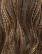 Close-up of ELENA Brown Highlights Wavy Wig hair strands, 14-22", 7x5 Lace, Human Hair, Gorgeous, Wear-and-Go, Natural Shine