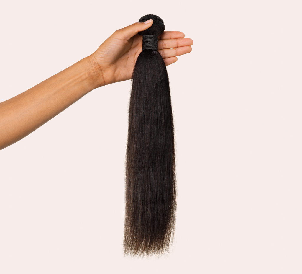 brazilian yaki straight hair bundle, lifted view, smooth straight texture, soft, shiny, natural look, full volume