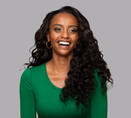 Front view of Natural Black Deep Wave Wig on model wearing green, 16-24", 13x4 Lace, Human Hair, Soft Flowing Waves, Stylish and Wear-and-Go
