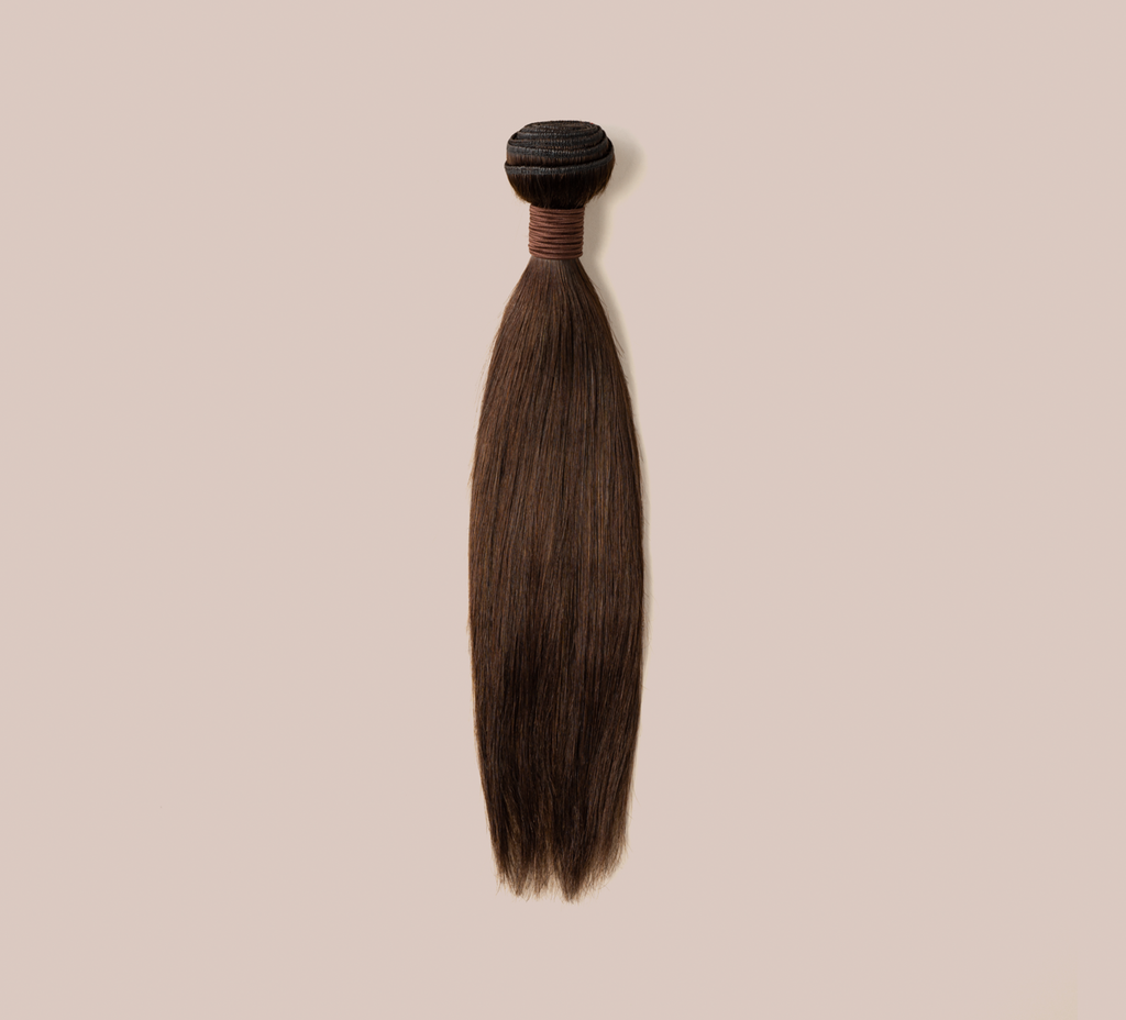 brazilian straight hair bundle, #2 chocolate brown, laid out full set, smooth straight hair, shiny, soft, natural look