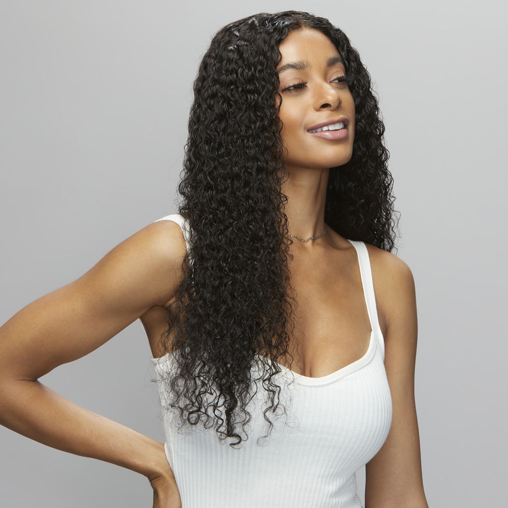 Close-up of Natural Black Water Wave Wig on model, defined and moist water wave texture, 18-24 inch, 13x4 lace frontal details, easy to maintain.