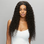 Model showcasing Natural Black Water Wave Wig, 18-24 inch, versatile 13x4 lace frontal, full body and movement, perfect for everyday style.