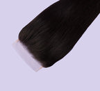 brazilian straight 5x5 lace closure, virgin hair, top close-up, realistic part, pre-plucked, natural hairline, glueless, smooth straight hair