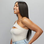 Side view of 18-30 inch Straight Wig on model, natural black lustrous hair, 360 lace coverage, glueless wear, soft and flowing human hair.