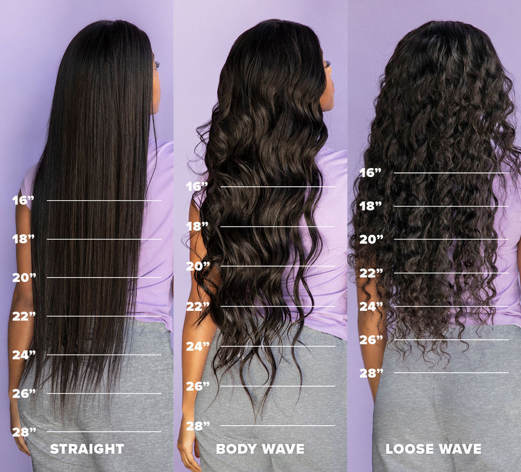 Three women with different hair styles labeled as straight, body wave, and loose wave against a purple background.