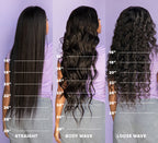 Three women with different hair styles labeled as straight, body wave, and loose wave against a purple background.