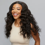 brazilian loose wave, 5x5 lace closure, virgin hair, model side view, soft loose waves, lace edges visible, natural hairline, glueless, realistic look